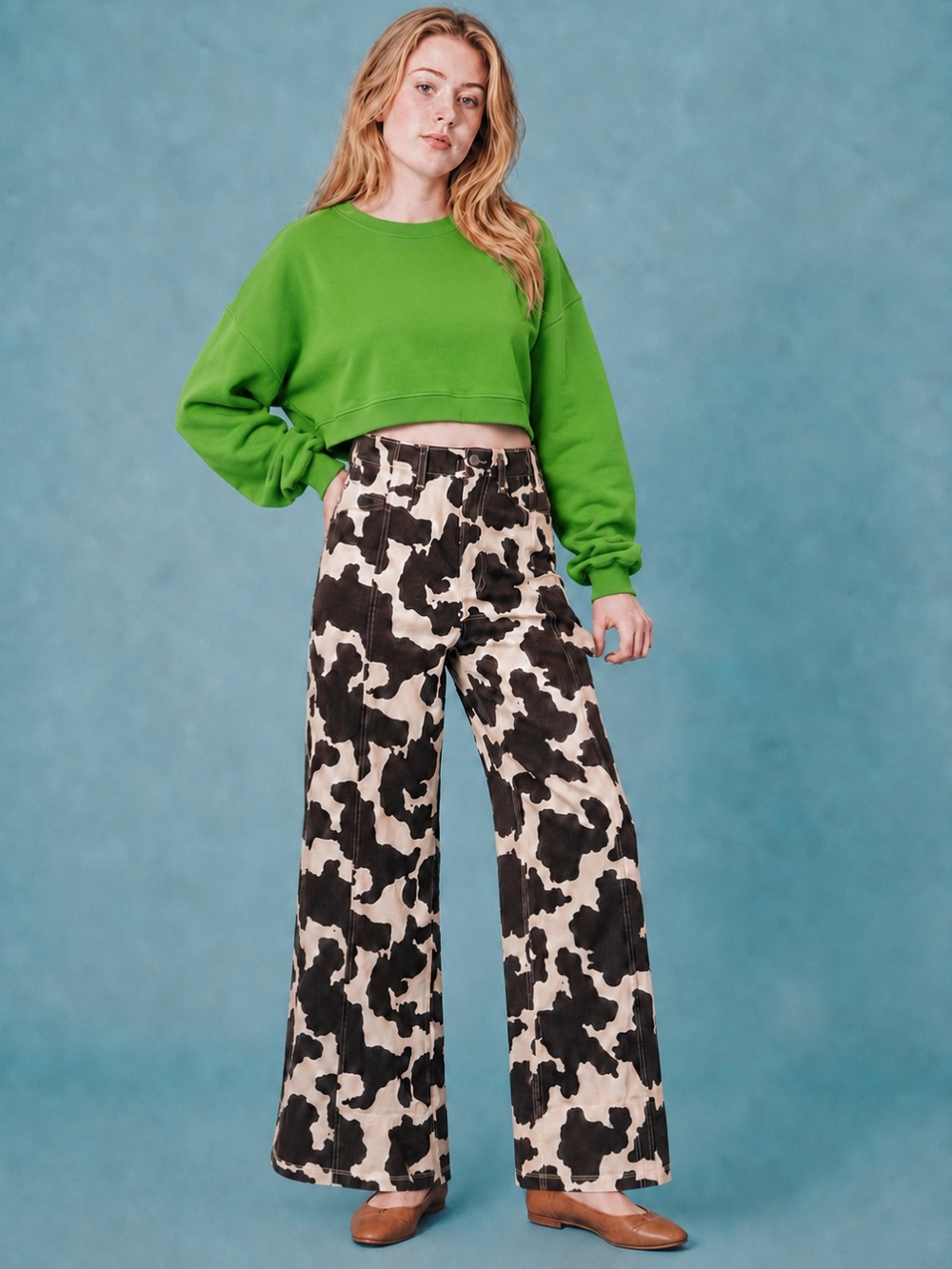 &Merci High-Waisted Wide Leg Cow Print Pants Boho Western Size S NWT